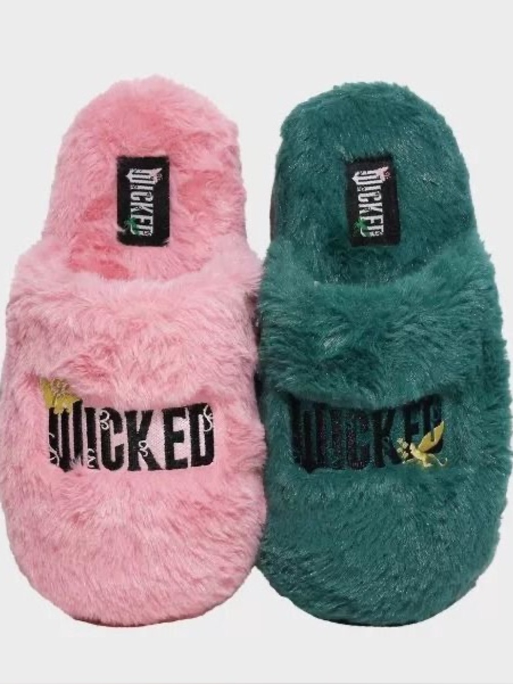 Wicked Mismatched Elphaba Glinda Pink + Green Fuzzy Slip-On Slippers